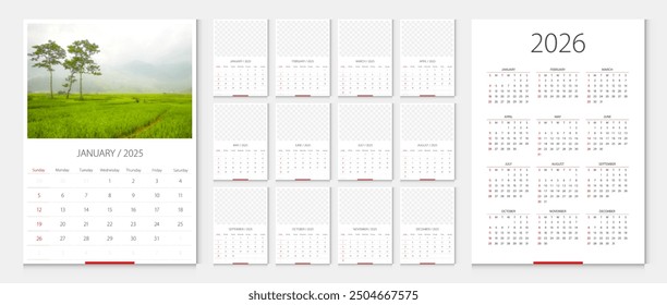 Calendar 2025, calendar 2026 week start Sunday corporate design template vector. Desk calendar 2026. Sample image whith mesh.