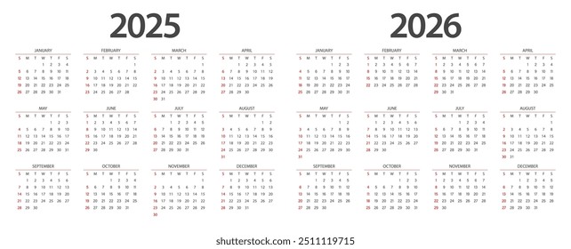 Calendario 2025, calendario 2026 inicio de semana Domingo Plantilla de planificador de diseño corporativo.