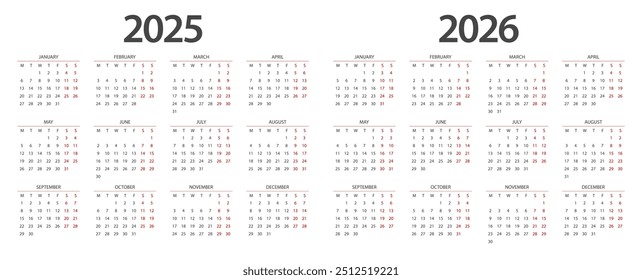 Calendario 2025, calendario 2026 inicio de semana Lunes Plantilla de planificador de diseño corporativo.