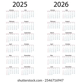 Calendario 2025, calendario 2026 inicio de la semana Plantilla de Vector del domingo para la papelería del conjunto de diseño corporativo. Cubierta de calendario de escritorio 2025, 2026 año diseño minimalista en Orientación de retrato. 