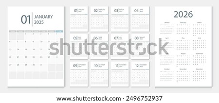 Calendar 2025, calendar 2026 week start Monday corporate design template vector. Desk calendar 2025.