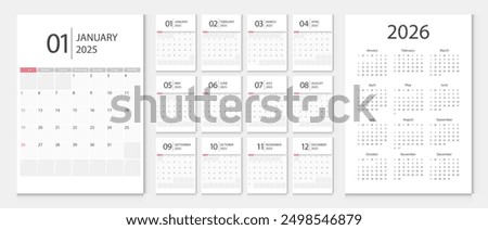 Calendar 2025, calendar 2026 week start Sunday corporate design template vector. Desk calendar 2025.