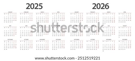 Calendar 2025, calendar 2026 week start Monday corporate design planner template.