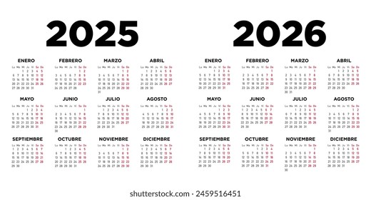 Calendar 2025 and 2026, week starts on Monday. Spanish