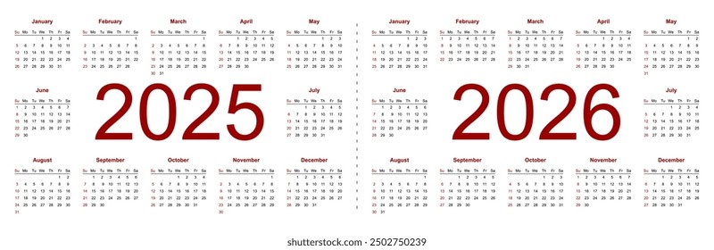 Calendar 2025, 2026. Week starts from Sunday, business template. Isolated vector illustration on white background.
