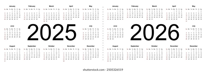 Calendar 2025, 2026. Week starts from Sunday, business template. Isolated vector illustration on white background.