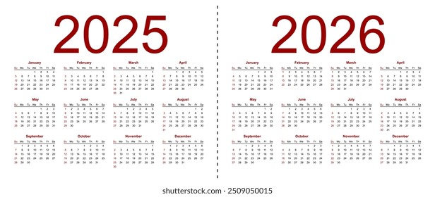 Calendario 2025, 2026. La semana comienza a partir del domingo, Plantilla de negocios. Ilustración vectorial aislada sobre fondo blanco.