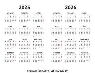 Calendar 2025 and 2026 year. Monday first, two weekends. Simple calender layout. Desk planner template with 12 months. Yearly diary