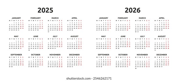 Calendar 2025 and 2026 year. Monday first, two weekends. Simple calender layout. Desk planner template with 12 months. Yearly diary