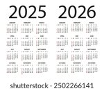 Calendar 2025, 2026 year - vector illustration. Week starts on Sunday. Calendar Set for 2025, 2026 years