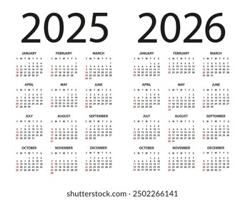 Calendar 2025, 2026 year - vector illustration. Week starts on Sunday. Calendar Set for 2025, 2026 years