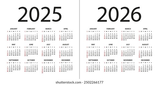 Calendar 2025, 2026 year - vector illustration. Week starts on Sunday. Calendar Set for 2025, 2026 years