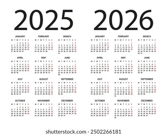 Calendar 2025, 2026 year - vector illustration. Week starts on Monday. Calendar Set for 2023, 2024 years