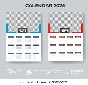 Calendar 2025, 2026 year - vector illustration. Week starts on Sunday. Calendar Set for 2025, 2026 years