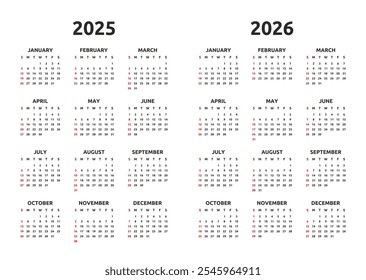 Calendar 2025 and 2026 year. Week starts Sunday. Simple calender layout. Desk planner template with 12 months. Yearly diary