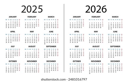 Calendar 2025 2026 years. Week starts on Monday. Simple vector illustration