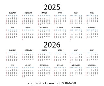 Calendario 2025 2026 años. La semana comienza el domingo. Anuncio diario de negocios simple. Ilustración vectorial