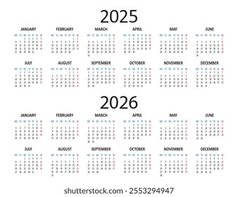 Calendar 2025 2026 years. Week starts on Monday. Simple business daily banner. Vector illustration