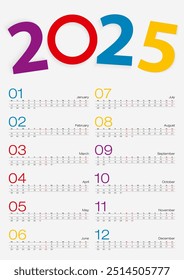 Calendario 2025, Todo el mes, 2 semanas de línea. Ilustración vectorial.