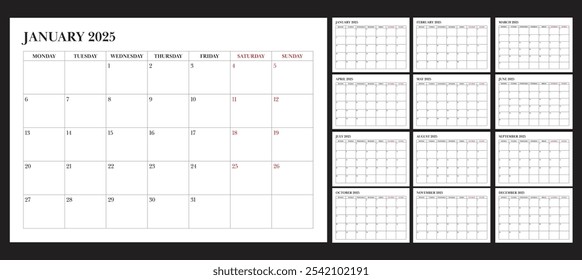 calendar 2025 all month monday start