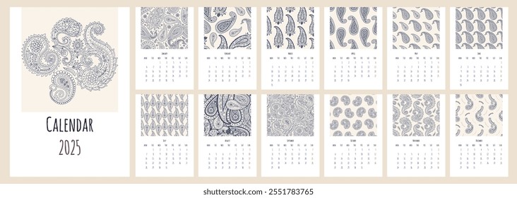 Kalender 2025 alle Monate Layout-Vorlagen mit monochromen schwarz-weißen Paisley-Muster Dekoration.