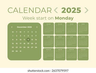 Calendar 2025 application style and the week starts on Monday