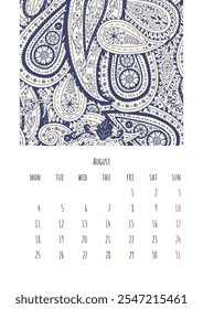 Calendar 2025 August page template with monochrome black and white paisley pattern decoration.