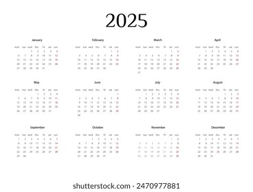 Calendar 2025, the beginning of the week Monday, vector, Layout of organizers with 12 months