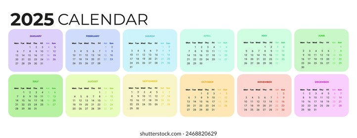Calendar 2025 with the beginning of the week on Monday. Colorful vector template of corporate wall or desk calendar in pastel colors
