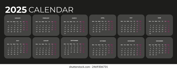 Calendar 2025 with the beginning of the week on Monday.  Vector template of corporate wall or desk calendar  in black color