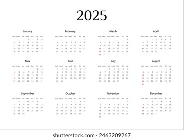 Calendar 2025, the beginning of the week Sunday, vector, Layout of organizers with 12 months in English.
