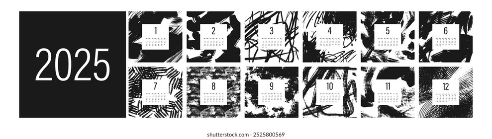 Calendar of 2025. Black and white abstract style. Trendy vector illustration.
