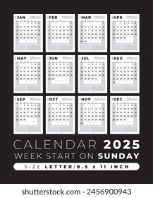Calendar 2025 blank template clean and minimal design size Letter, Week start on sunday