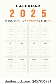 Calendar 2025 blank template clean and minimal design size A4, Week start on sunday