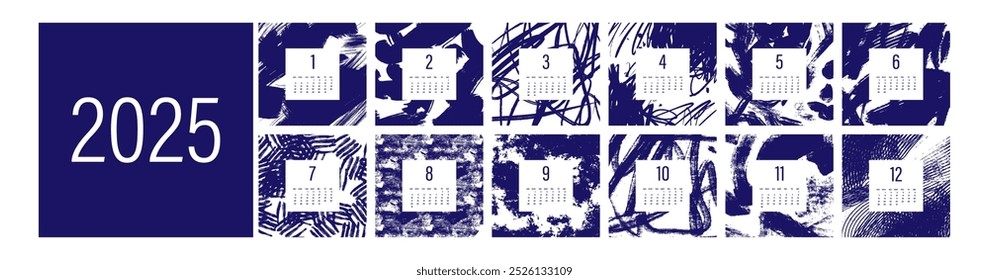 Calendário de 2025. Estilo abstrato azul. Ilustração vetorial na moda.