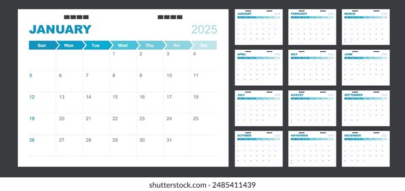 Calendar for 2025 blue background, Corporate design planner template.