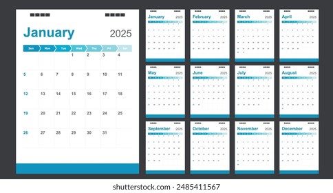 Calendar for 2025 blue background, Corporate design planner template.