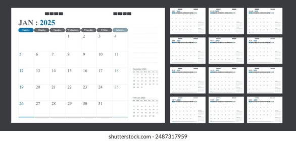 Calendar for 2025 blue background, Corporate design planner template.