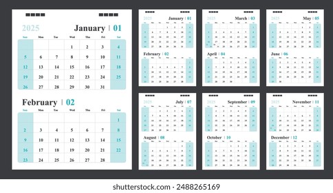 Calendar for 2025 blue background, Corporate design planner template.