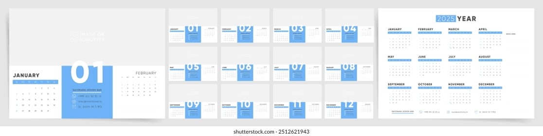 Calendar 2025, Blue Corporate Calendar 2025 Sunday Start English Design Template.