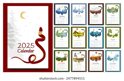 Calendario para 2025 por mes. El diseño del calendario de escritorio 2025 con la portada y el diseño de cada mes. Calendario mural 2025.