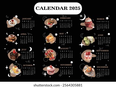 Calendar 2025 Cake And Pastry Vibe. Suitable for Companies. Colorful Cakes. Sweetie Look. Cakes With Galaxy Series.