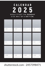 Calendar 2025 clean and minimal design size A4, Week start on sunday