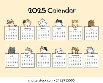 Calendar 2025 Collection with Vector Illustration of Cute Cartoon Cat Character Design