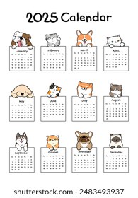 Calendar 2025 Collection with Vector Illustration of Cute Cartoon Cat and Dog Character Design