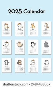 Calendario 2025 Colección con Ilustración vectorial de diseño de gatos de dibujos animados dibujados a mano