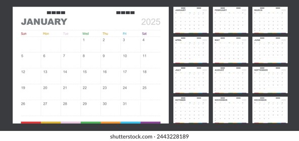 Calendario para 2025 color de fondo completo, plantilla de planificador de diseño corporativo.