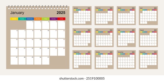 Calendar 2025 colorful design, set of 12 vector wall planner calendar pages on beige background. Week starts on Monday. Vector calendar template.