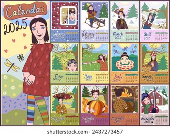 Calendar 2025. Colorful monthly calendar. Cover and 12 monthly pages. Week starts on Sunday, vector illustration.