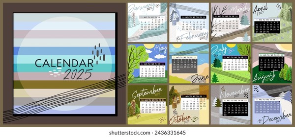 Calendario 2025. Colorido calendario mensual con varios paisajes. Portada y 12 páginas mensuales. La semana comienza el domingo, ilustración vectorial. Páginas cuadradas.